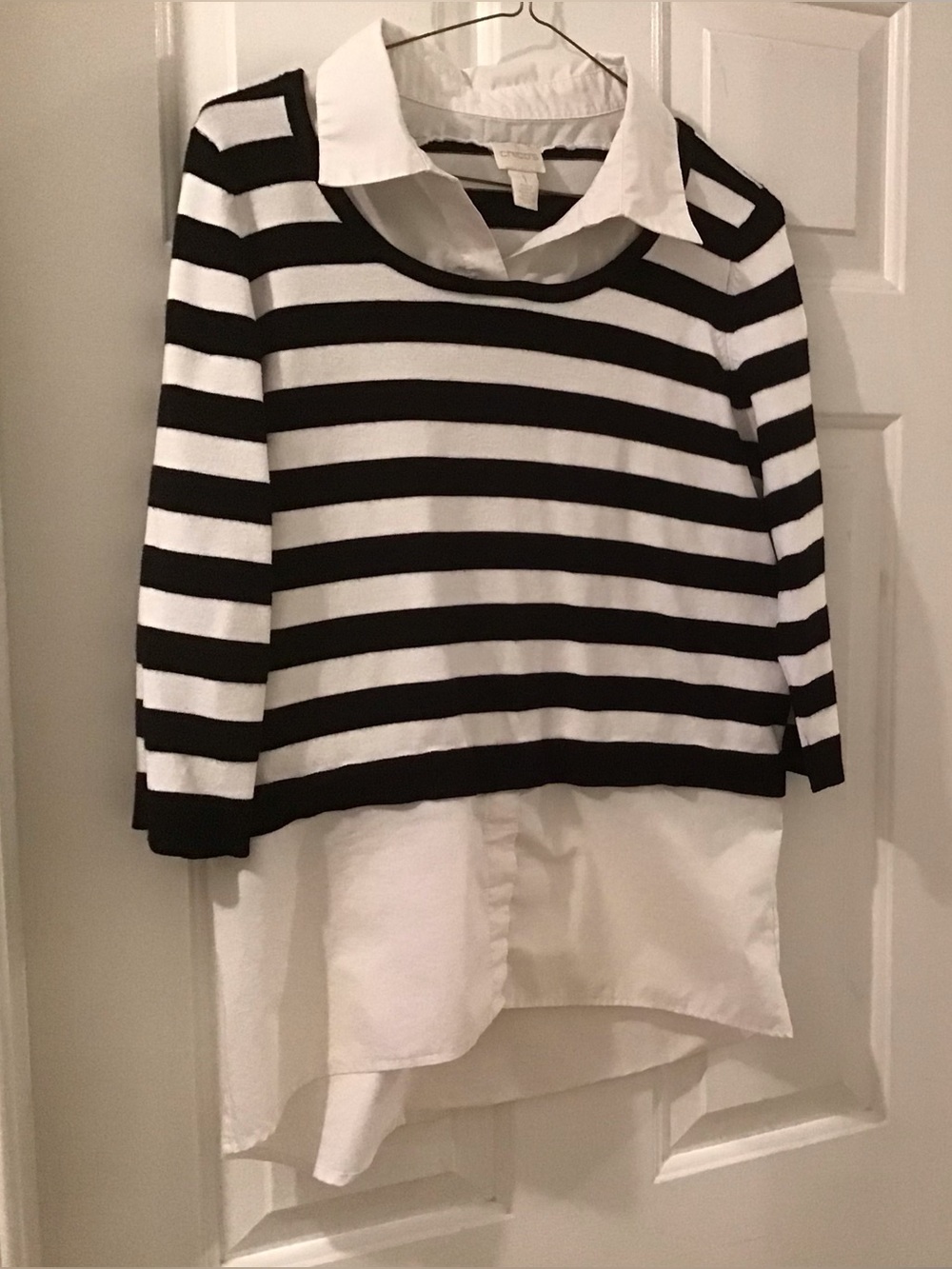 Chico's Striped Layer Look Pullover Sweater Shirt Size 1 Black White Knit